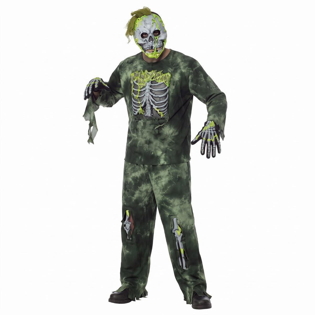 Skeleton zombie costume with tattered tan fabric worn by a person | Chaps London