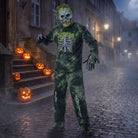 Skeleton zombie costume with hooded mask worn by person outdoors | Chaps London