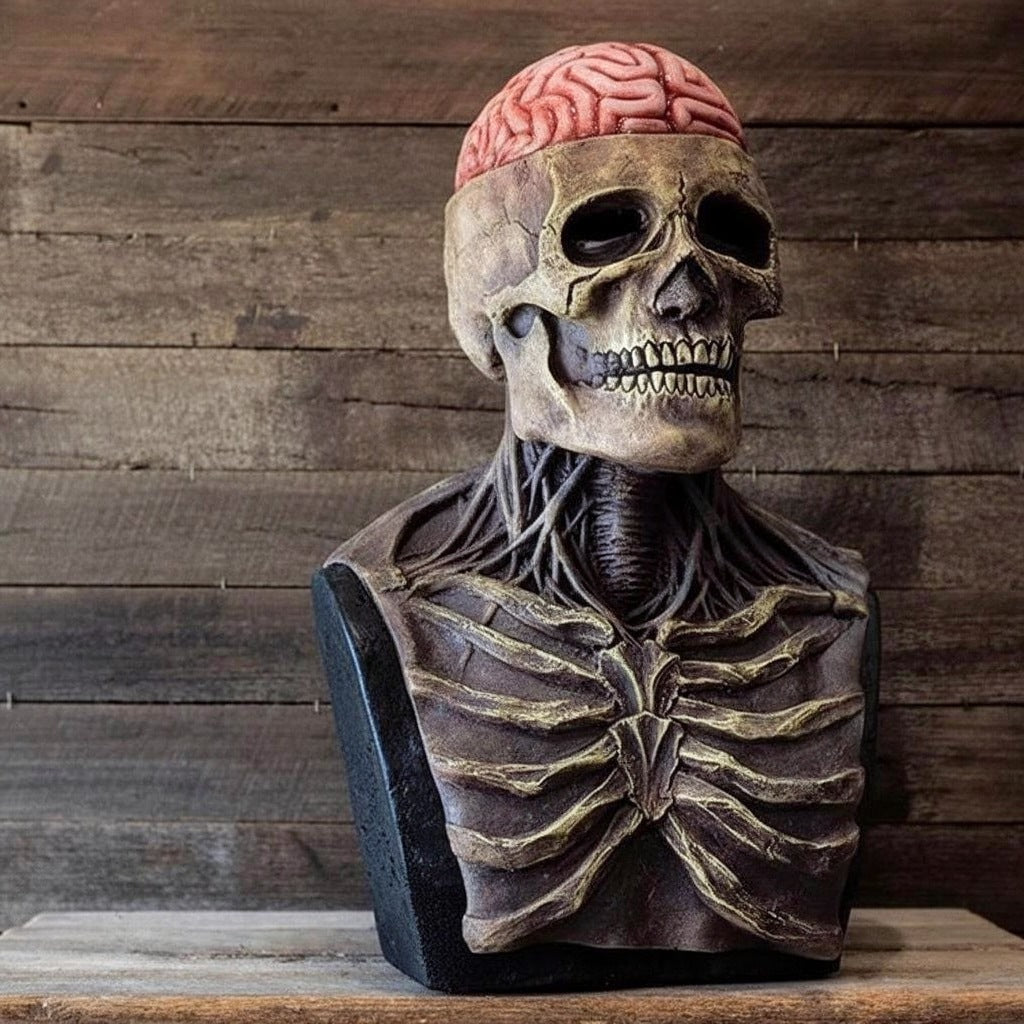 Skeleton mask bust with exposed brain and ribcage displayed on stand | Chaps London