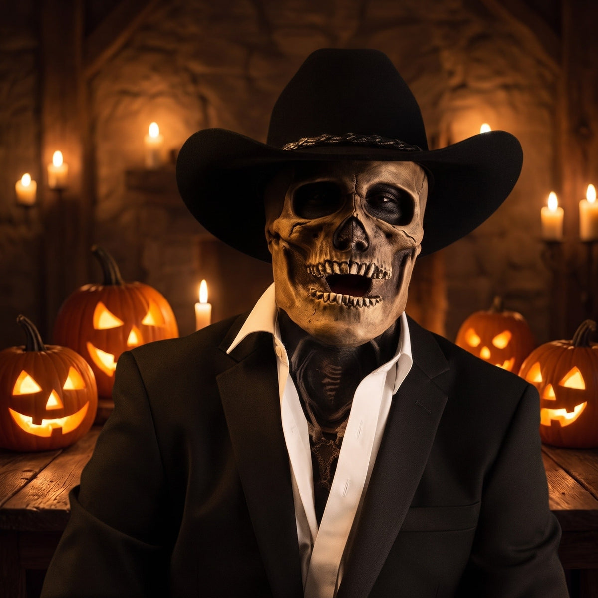 Skull mask worn by person with black cowboy hat, suit | Chaps London