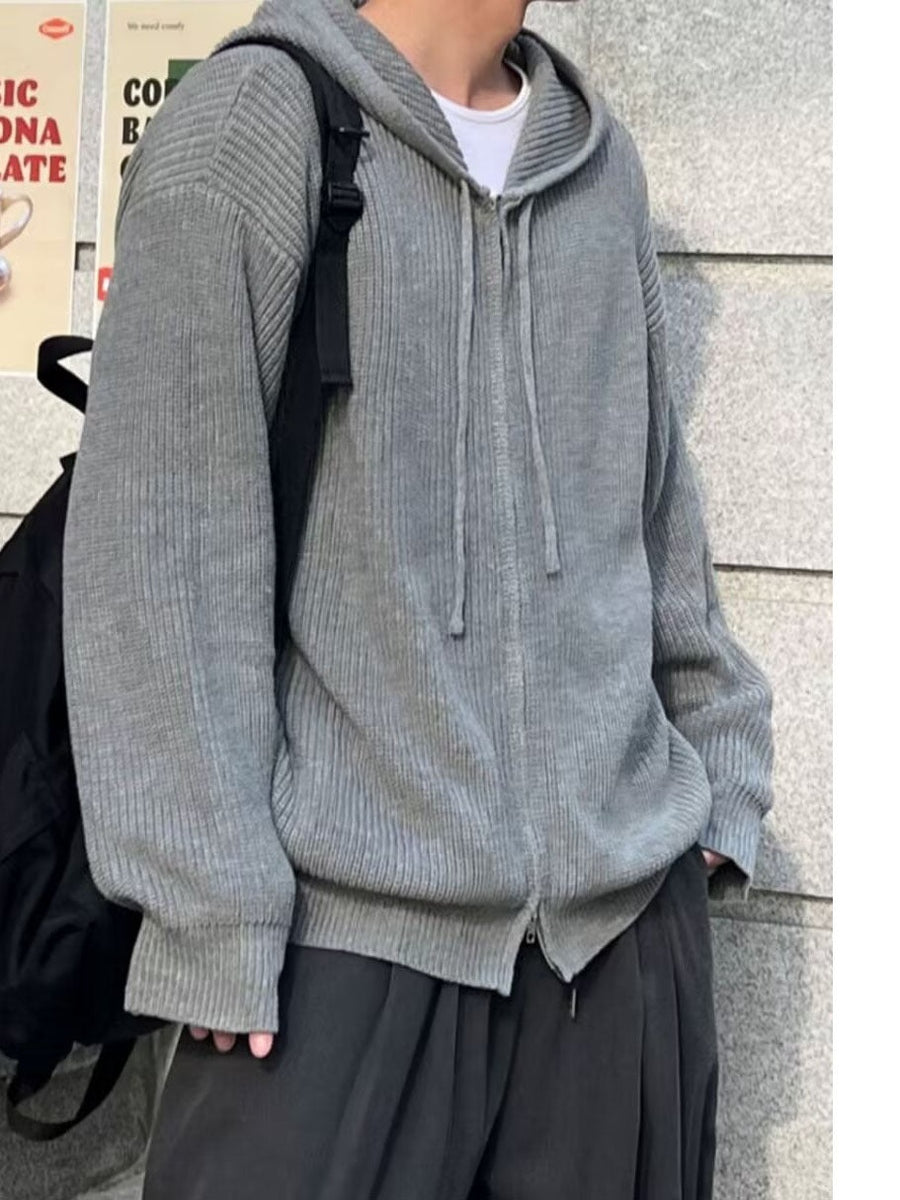 Men's knitted zip hoodie in grey, worn, front view