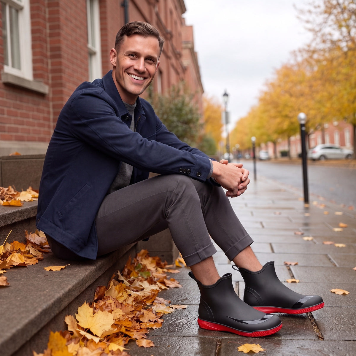 Man sitting on front steps wearing the black wellies with red soles