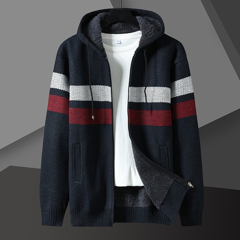 Men's Striped Knit Hooded Cardigan | Teddy Lining | 5 Colours