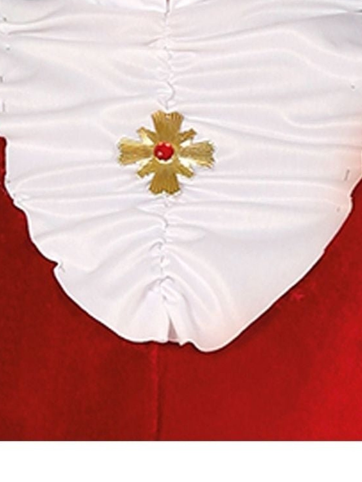 Close-up of the ruffled jabot with gold cross