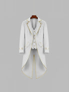 White Victorian tailcoat with gold trim, front and back