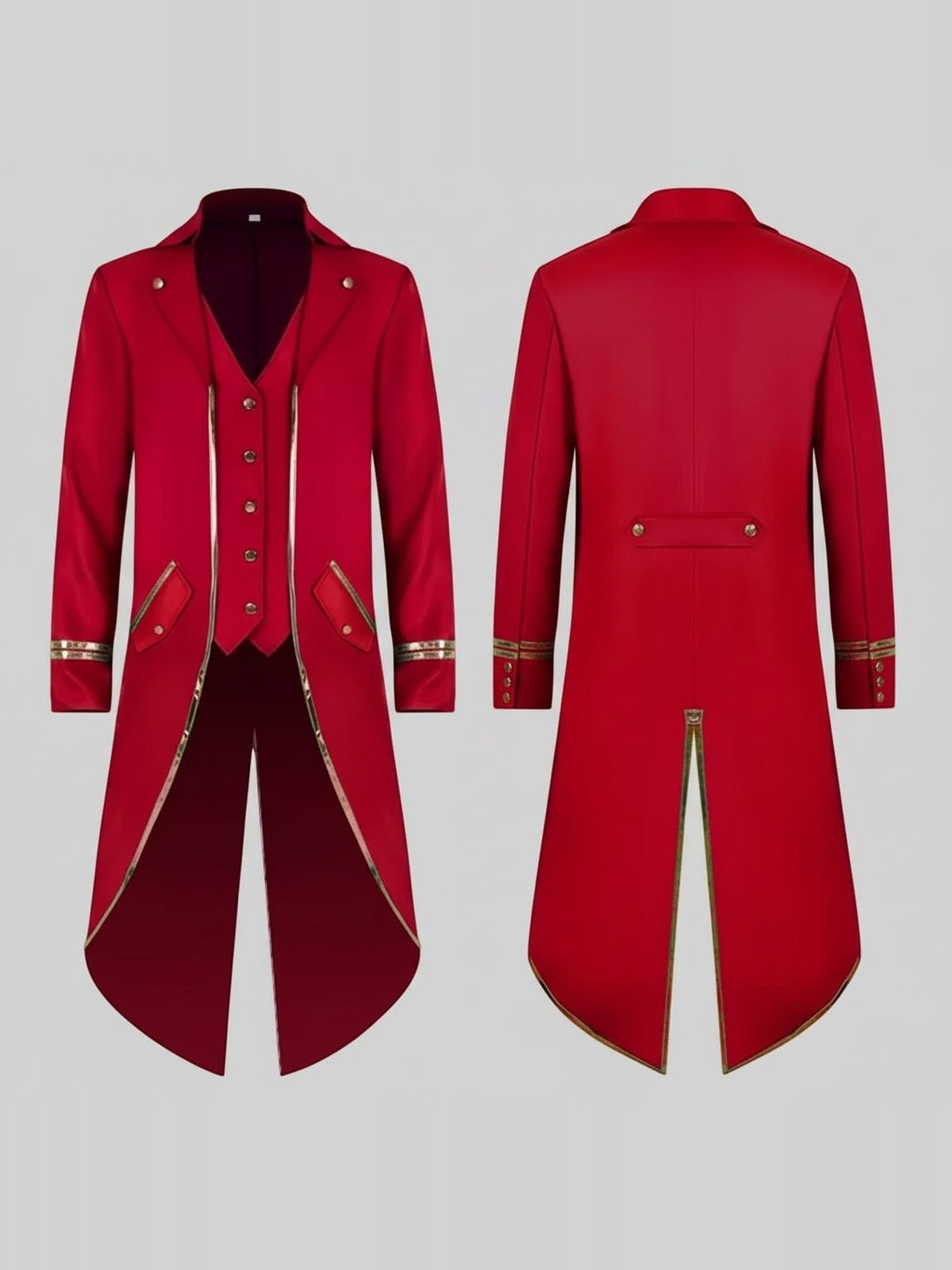 Red Victorian tailcoat with gold trim, front and back