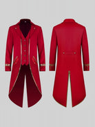Red Victorian tailcoat with gold trim, front and back