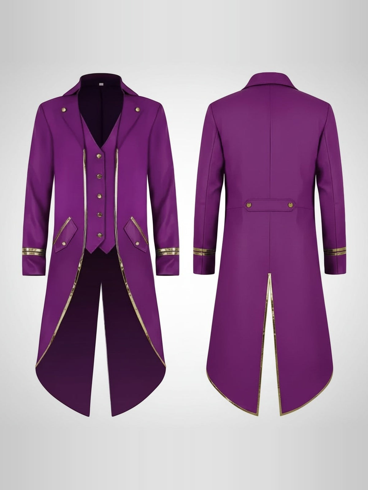 Purple Victorian tailcoat with gold trim, front and back