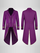 Purple Victorian tailcoat with gold trim, front and back