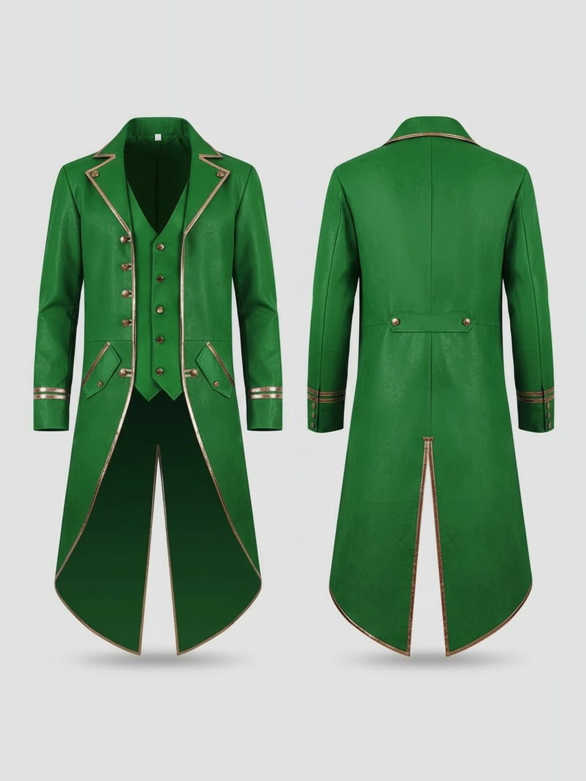 Green Victorian tailcoat with gold trim, front and back