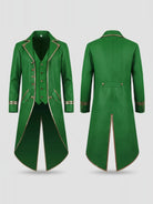 Green Victorian tailcoat with gold trim, front and back