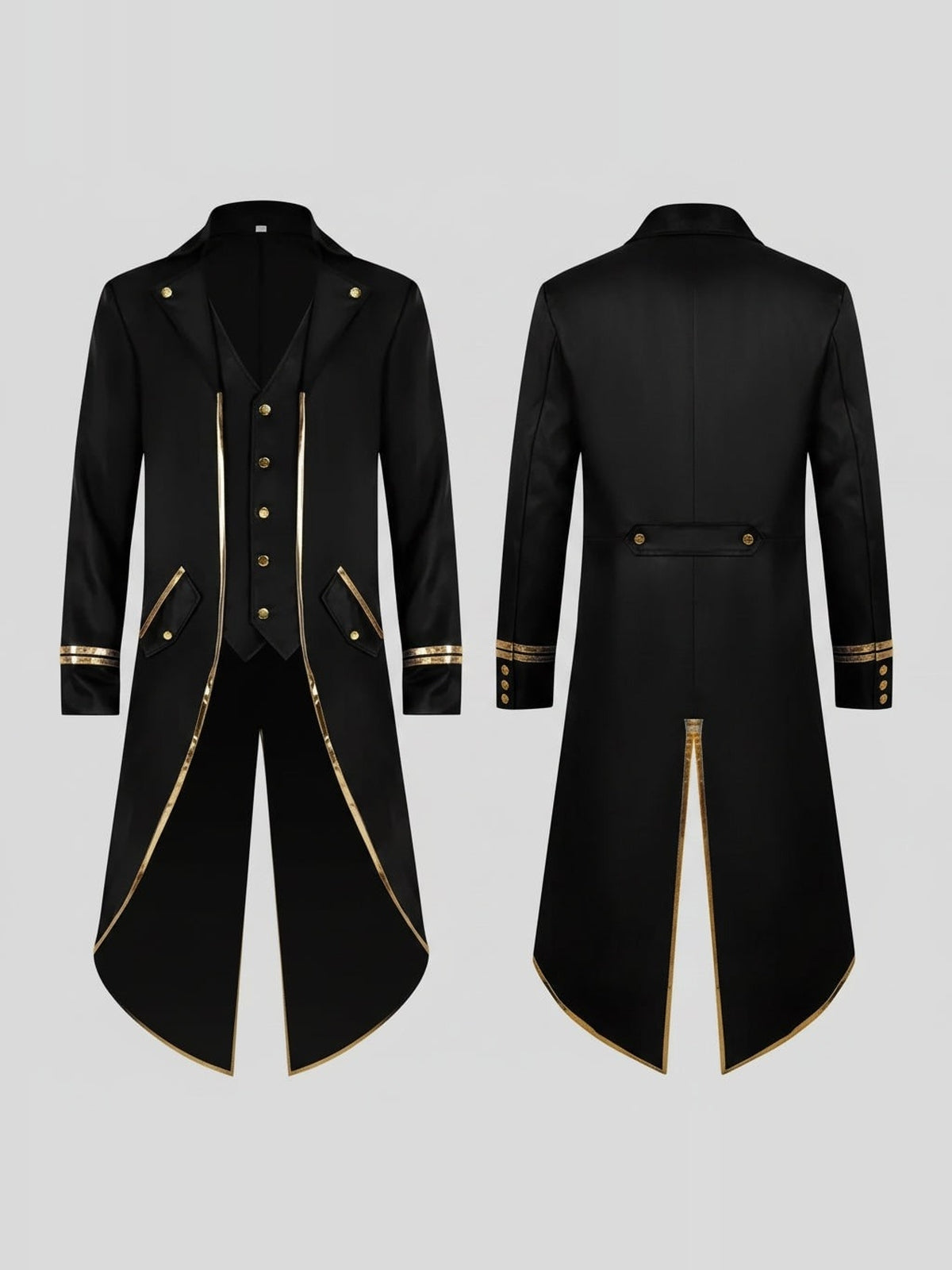 Black Victorian tailcoat with gold trim, front and back