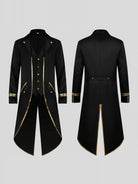 Black Victorian tailcoat with gold trim, front and back