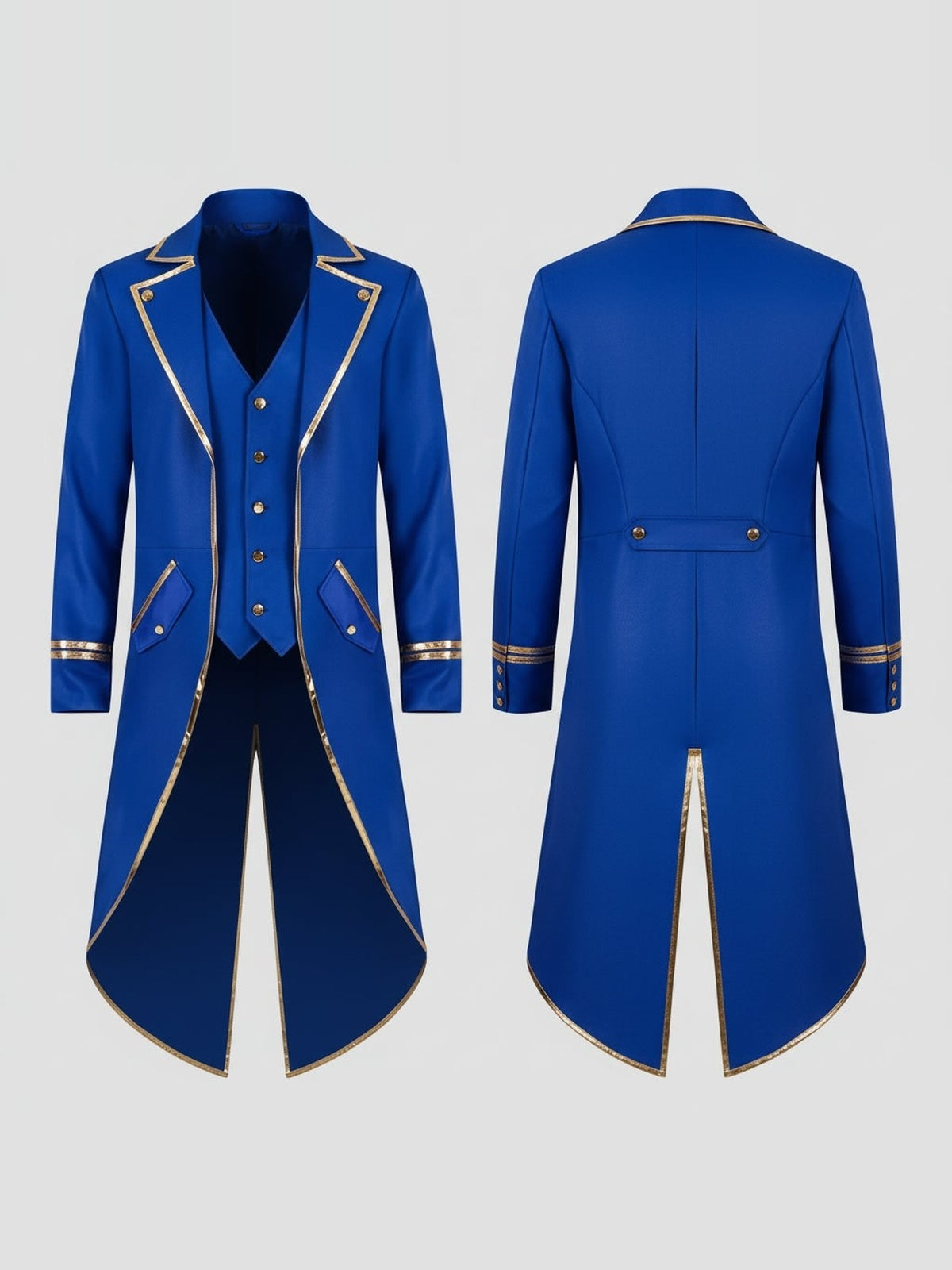 Blue Victorian tailcoat with gold trim, front and back