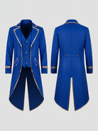 Blue Victorian tailcoat with gold trim, front and back