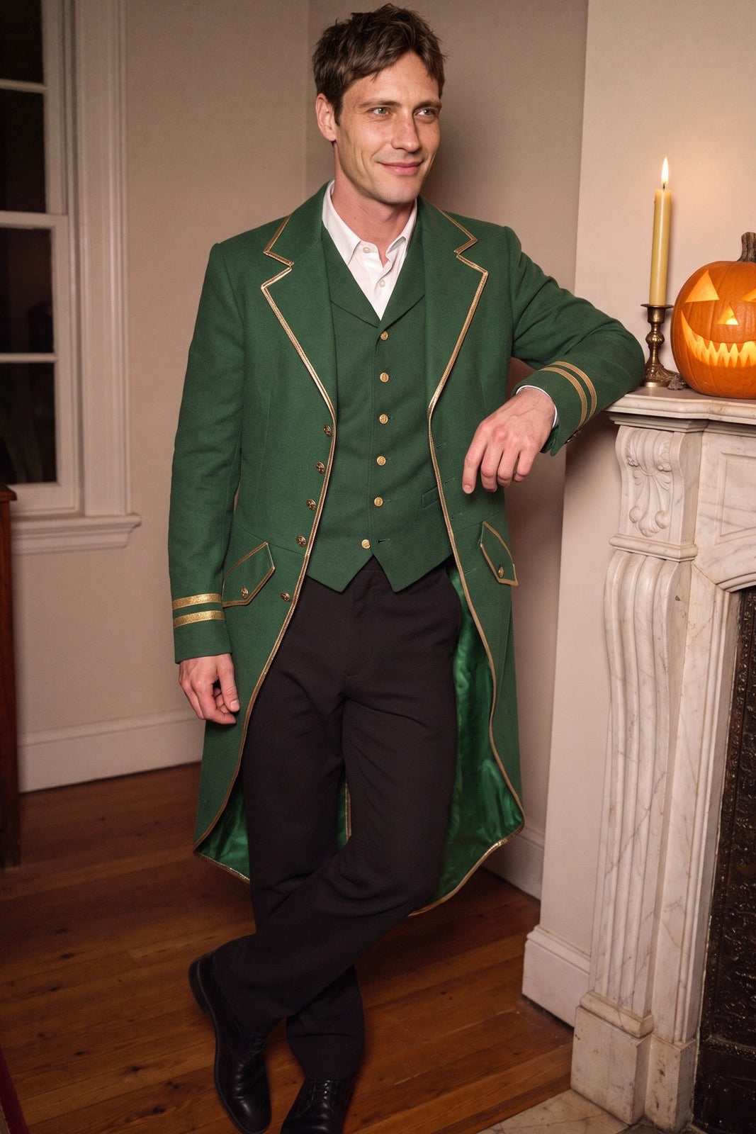 Man in a green Victorian tailcoat by a fireplace