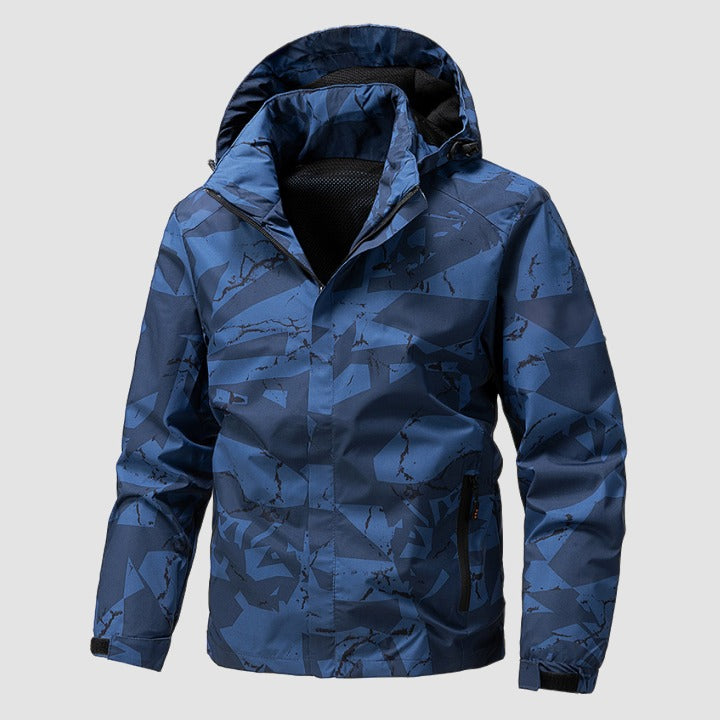 Blue camouflage hooded jacket with zipper, displayed flat on gray background | Chaps London