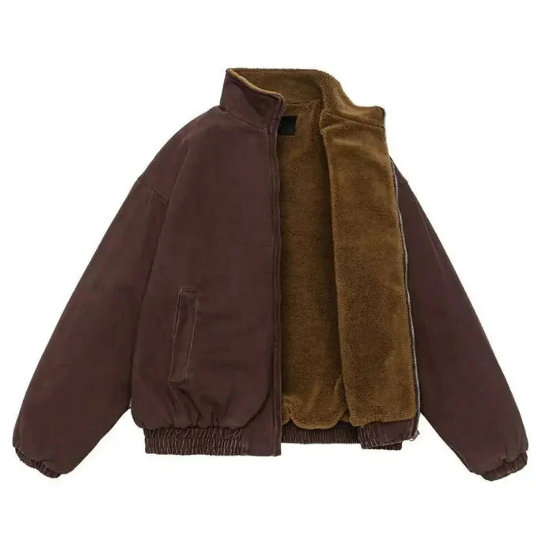 Brown sherpa-lined jacket with stand collar, shown flat, unzipped open | Chaps London