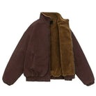 Brown sherpa-lined jacket with stand collar, shown flat, unzipped open | Chaps London