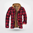 Red and black plaid hooded shirt jacket with tan quilted lining, flat lay | Chaps London
