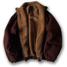 Brown sherpa-lined jacket with stand collar, laid flat, unzipped open | Chaps London