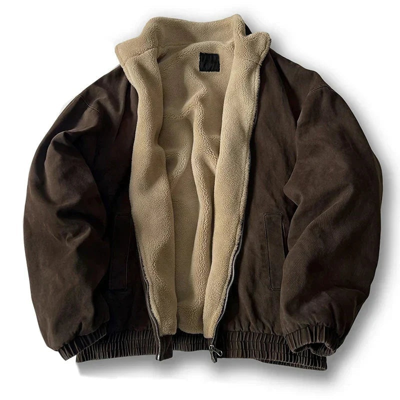 Brown sherpa-lined jacket with stand collar, laid flat, unzipped | Chaps London