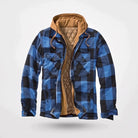 Blue and black buffalo plaid hooded jacket with tan quilted lining, open | Chaps London