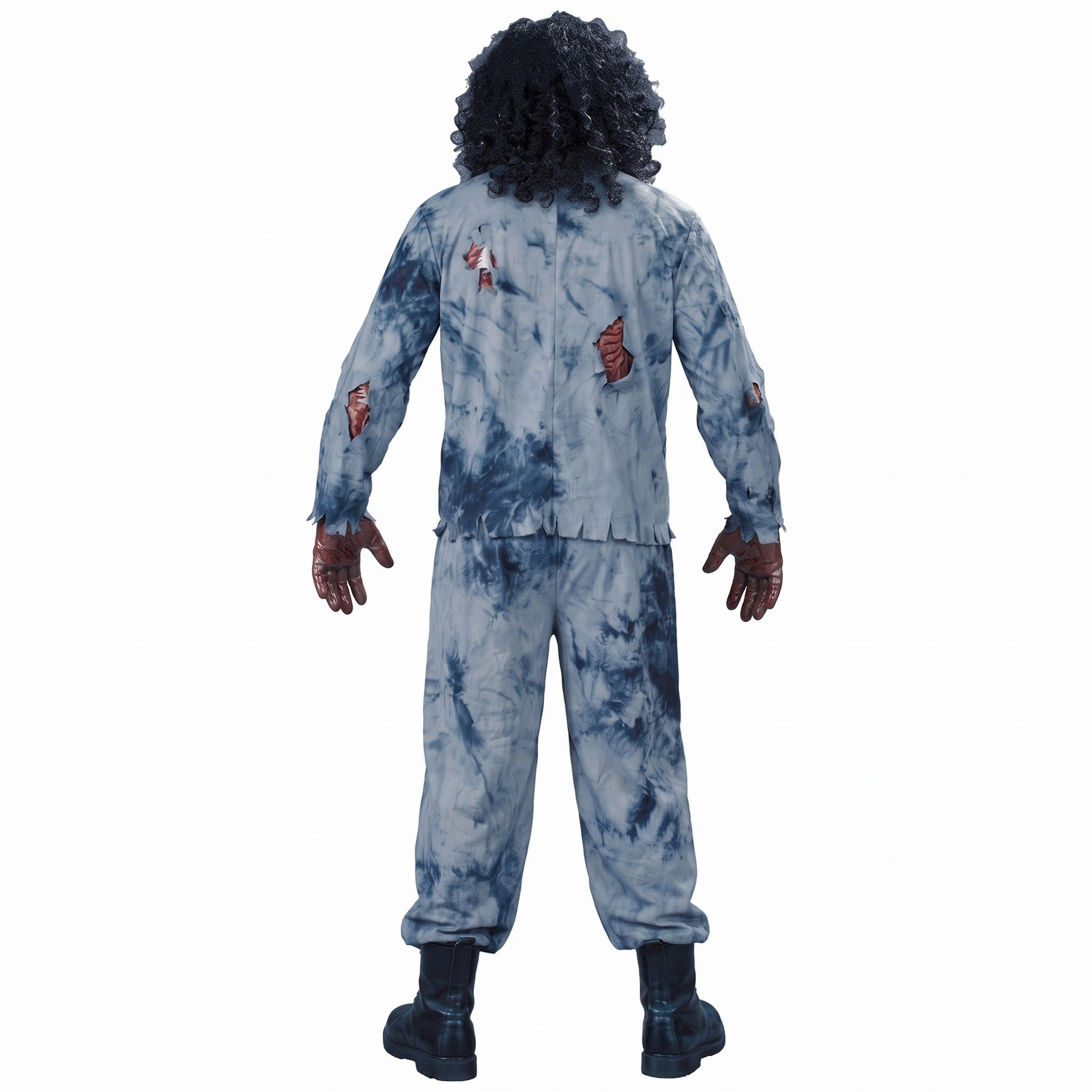 Blue tie-dye zombie costume from the back, with dark curly hair and bloody gloves