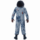 Blue tie-dye zombie costume from the back, with dark curly hair and bloody gloves