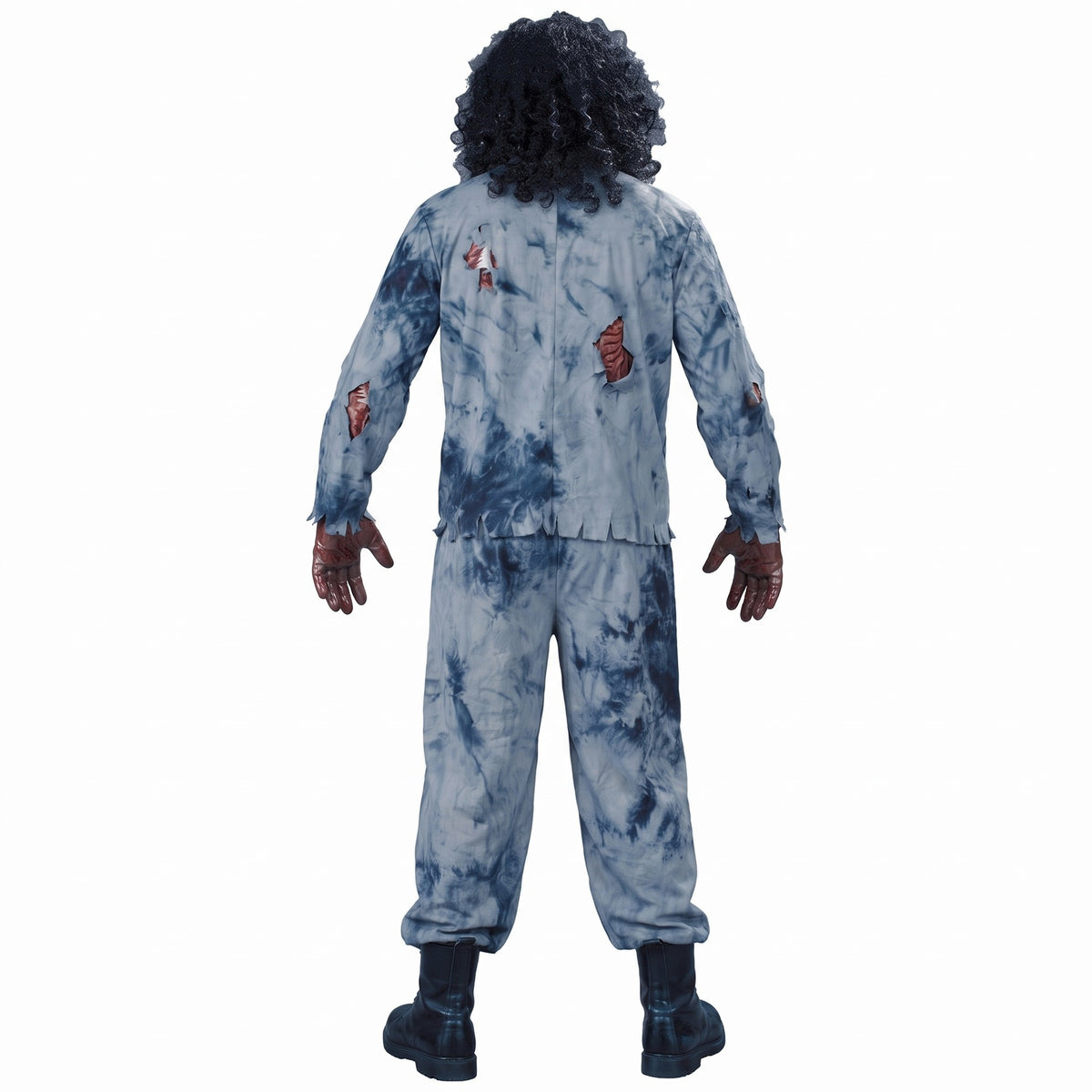 Blue tie-dye zombie costume from the back, with dark curly hair and bloody gloves