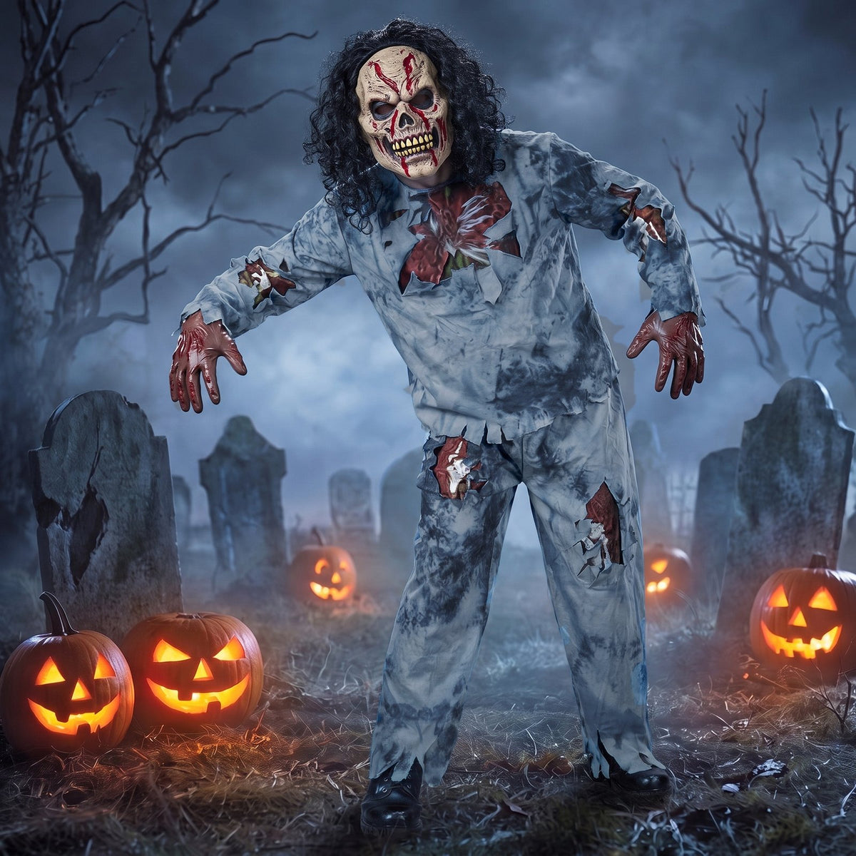 Person wearing the blue tie-dye zombie costume with rotting mask in a foggy graveyard with Halloween pumpkins