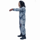 Blue tie-dye zombie costume from the side, with curly-haired mask and bloody gloves
