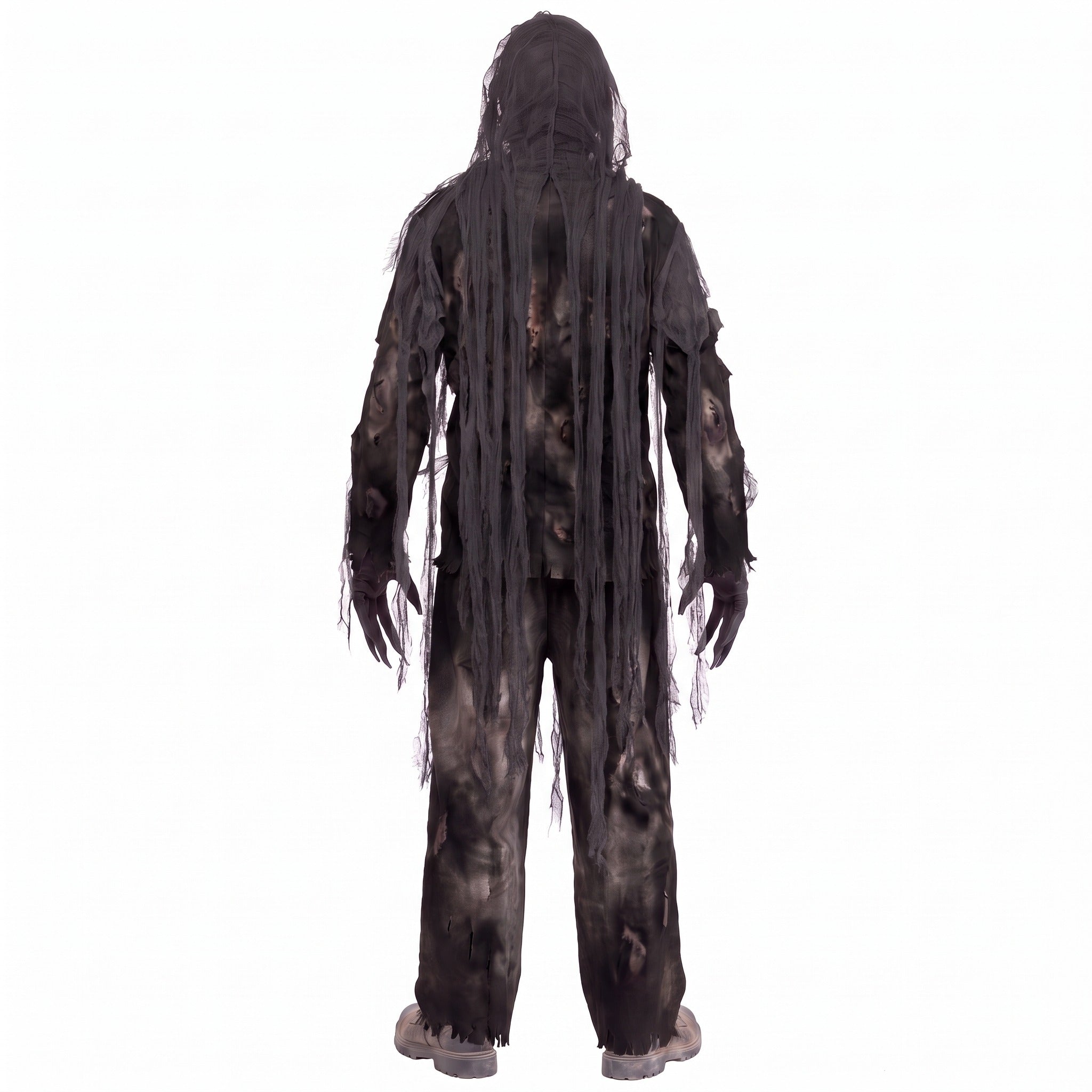 Gray tattered zombie costume with hood worn by male model, back view | Chaps London