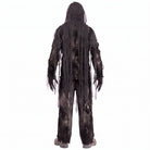 Gray tattered zombie costume with hood worn by male model, back view | Chaps London