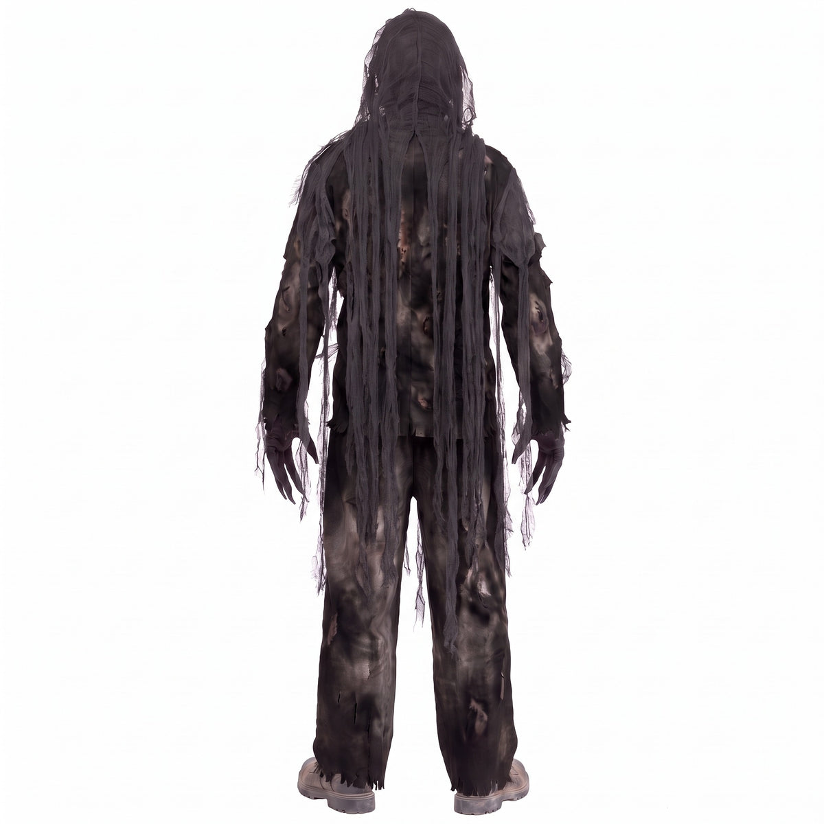 Gray tattered zombie costume with hood worn by male model, back view | Chaps London