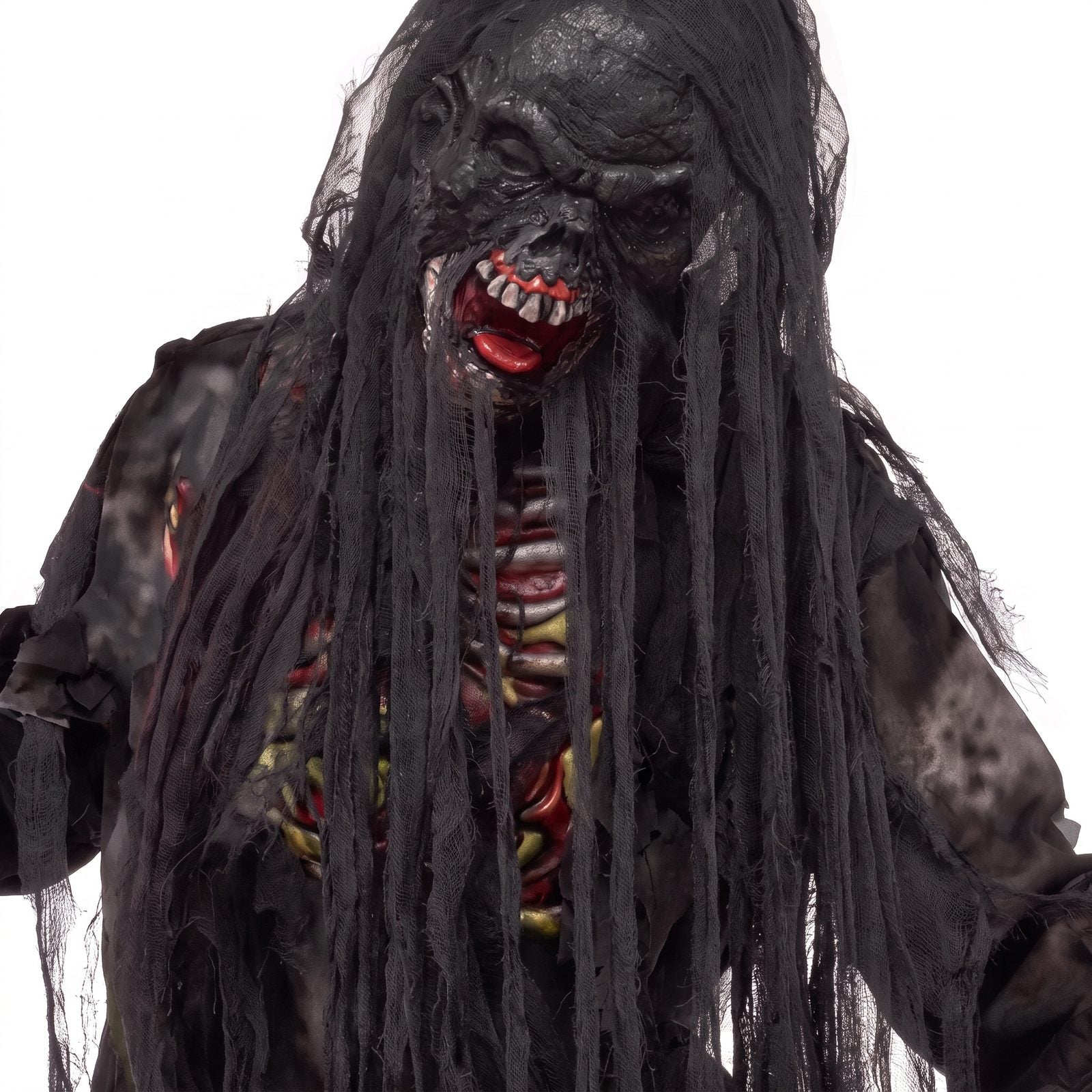 Black tattered zombie mask with hood, worn by mannequin, gory details | Chaps London