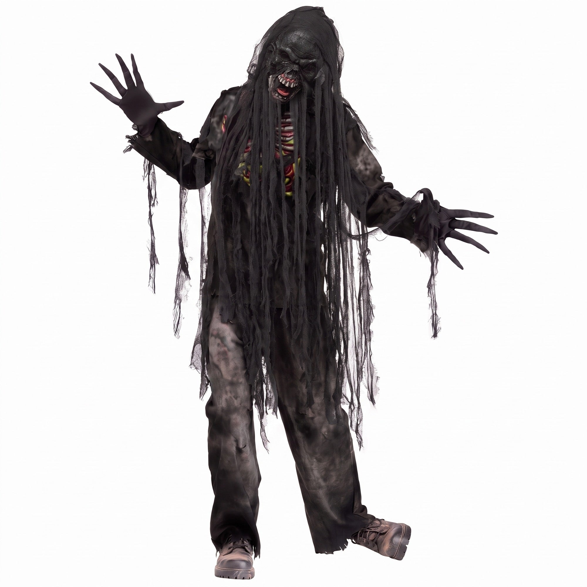 Gray tattered zombie costume with mask, worn by male model, distressed fabric | Chaps London