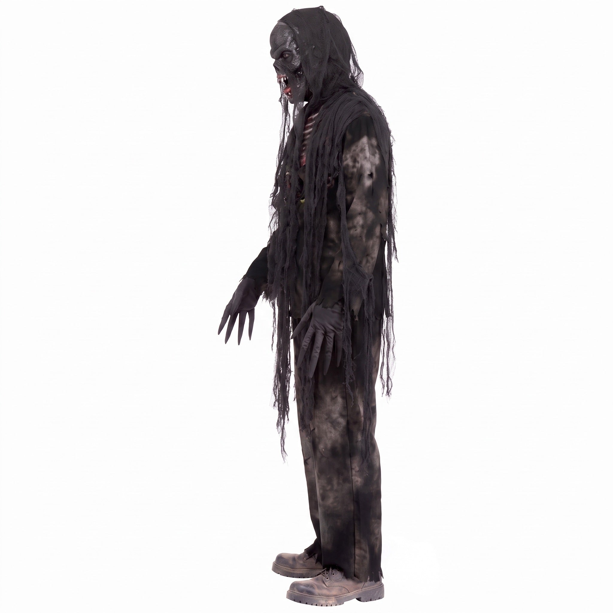 Gray tattered zombie costume with hood and mask on mannequin | Chaps London